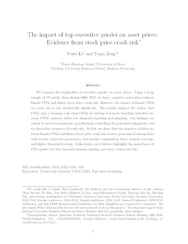 The impact of top executive gender on asset prices: Evidence from stock price crash risk Thumbnail