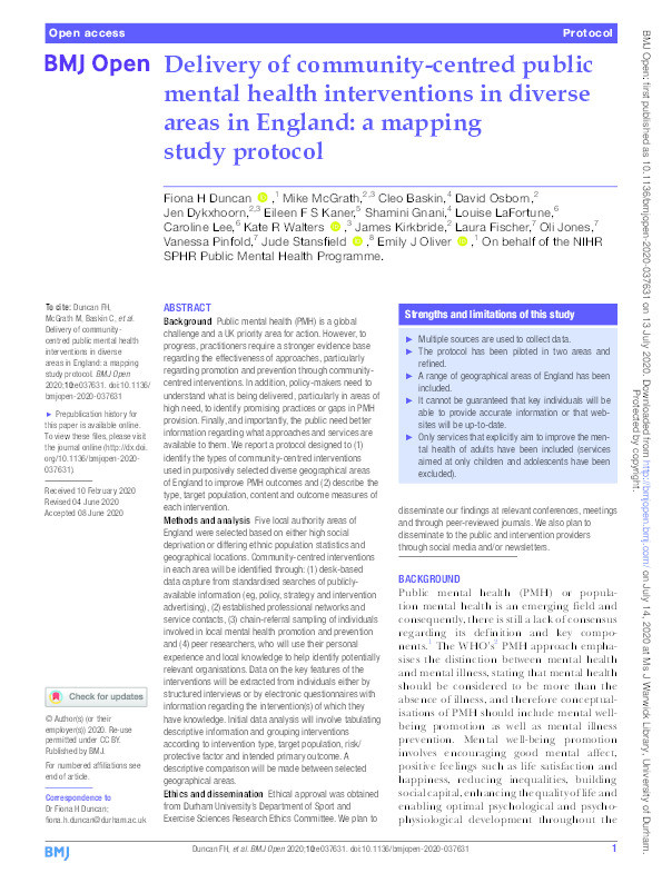 Delivery of community-centred public mental health interventions in diverse areas in England: a mapping study protocol Thumbnail