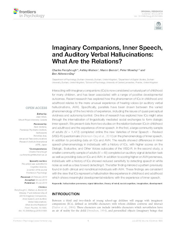 Imaginary companions, inner speech and auditory verbal hallucinations: What are the relations? Thumbnail