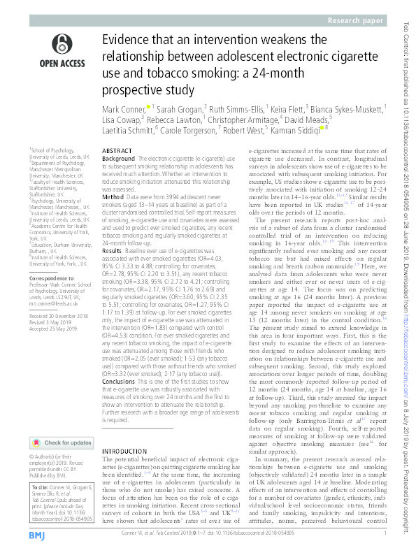 Evidence that an intervention weakens the relationship between adolescent electronic cigarette use and tobacco smoking: a 24-month prospective study Thumbnail