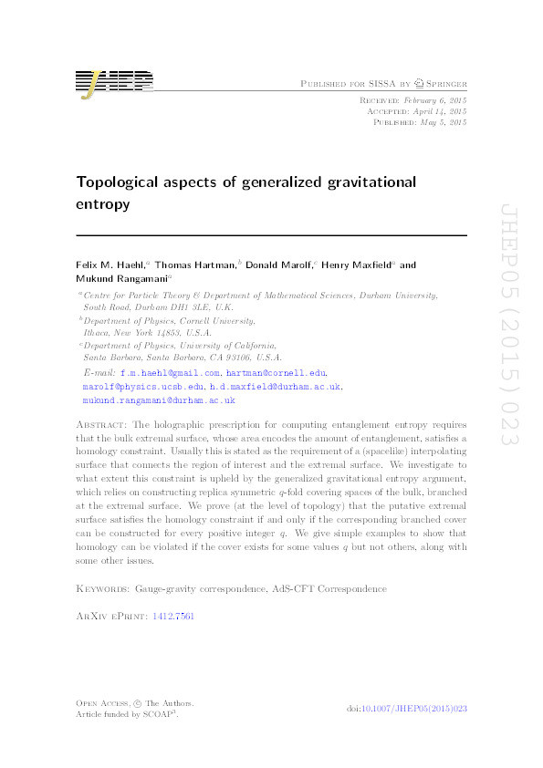 Topological aspects of generalized gravitational entropy Thumbnail