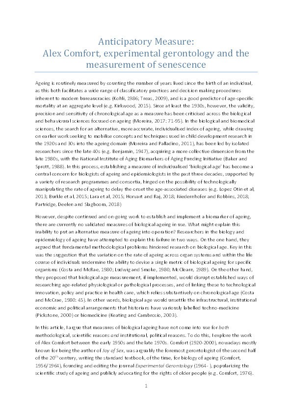 Anticipatory measure: Alex Comfort, experimental gerontology and the measurement of senescence Thumbnail