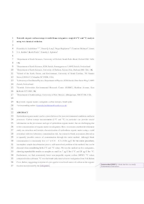 Towards organic carbon isotope records from stalagmites: coupled d13C and 14 C analysis using wet chemical oxidation Thumbnail