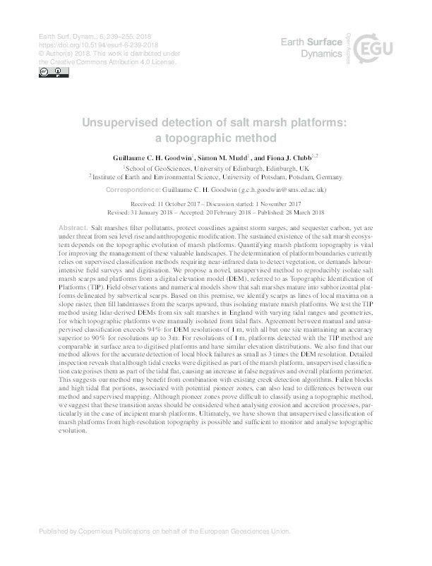 Unsupervised detection of salt marsh platforms: a topographic method Thumbnail