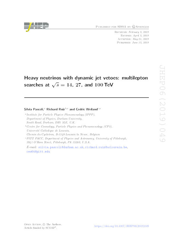 Heavy neutrinos with dynamic jet vetoes: multilepton searches at √s = 14, 27, and 100 TeV Thumbnail
