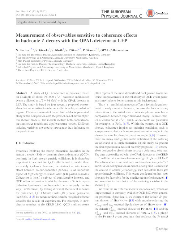 Measurement of observables sensitive to coherence effects in hadronic Z decays with the OPAL detector at LEP Thumbnail