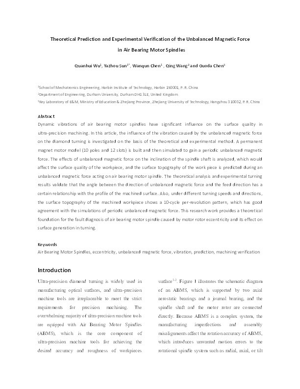 Theoretical prediction and experimental verification of the unbalanced magnetic force in air bearing motor spindles Thumbnail