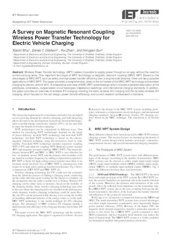 Survey on Magnetic Resonant Coupling Wireless Power Transfer Technology for Electric Vehicle Charging Thumbnail