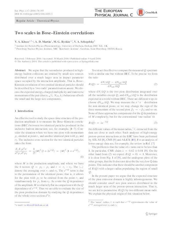 Two scales in Bose–Einstein correlations Thumbnail