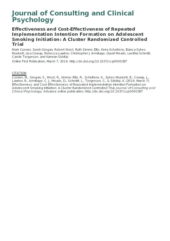 Effectiveness and cost-effectiveness of repeated implementation intention formation on adolescent smoking initiation: A cluster randomized controlled trial Thumbnail