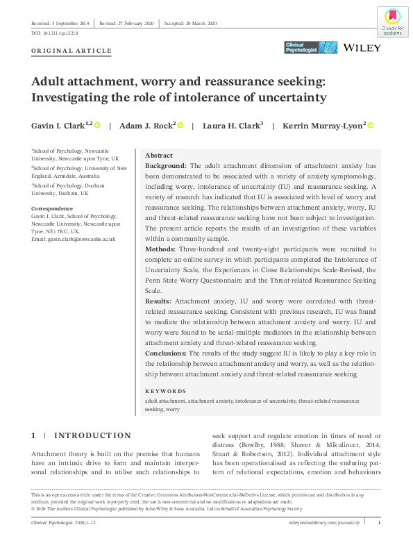 Adult attachment, worry and reassurance seeking: Investigating the role of intolerance of uncertainty Thumbnail