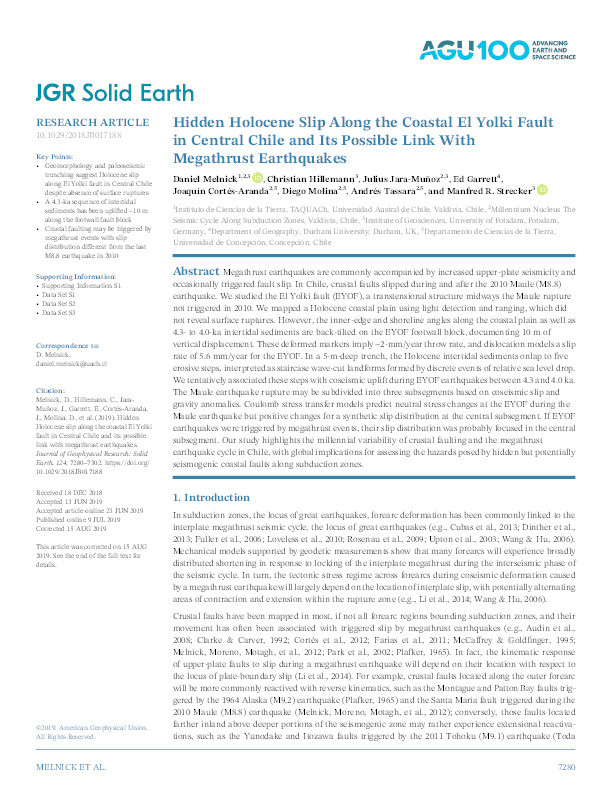 Hidden Holocene slip along the coastal El Yolki fault in Central Chile and its possible link with megathrust earthquakes Thumbnail