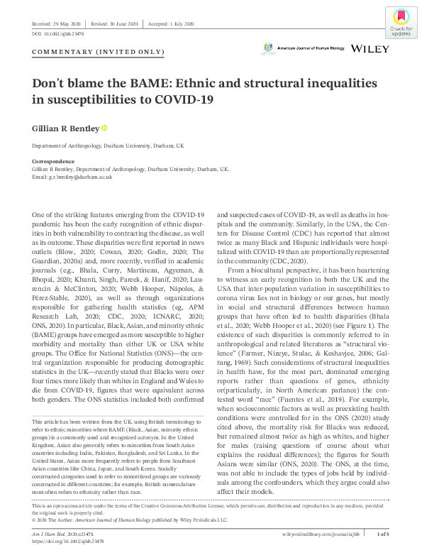 Don’t Blame the BAME: Ethnic and Structural Inequalities in Susceptibilities to COVID-19 Thumbnail