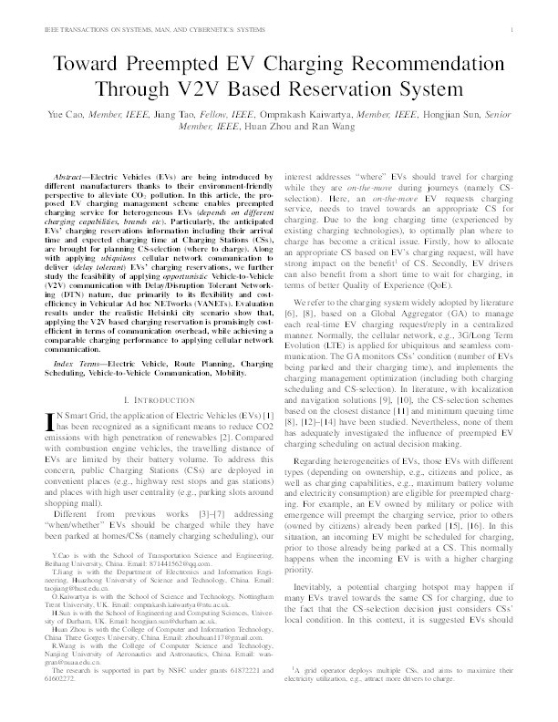Toward Pre-empted EV Charging Recommendation Through V2V Based Reservation System Thumbnail
