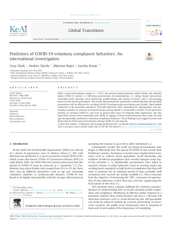 Predictors of COVID-19 voluntary compliance behaviors: An international investigation Thumbnail