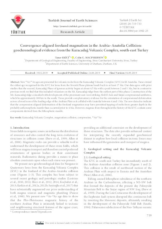 Convergence-aligned, foreland magmatism in the Arabia? Anatolia Collision: Geochronological evidence from the Karacadağ Volcanic Complex, southeast Turkey Thumbnail
