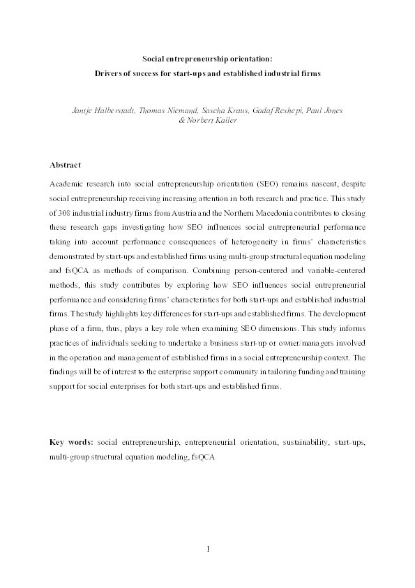 Social entrepreneurship orientation: Drivers of success for start-ups and established industrial firms Thumbnail