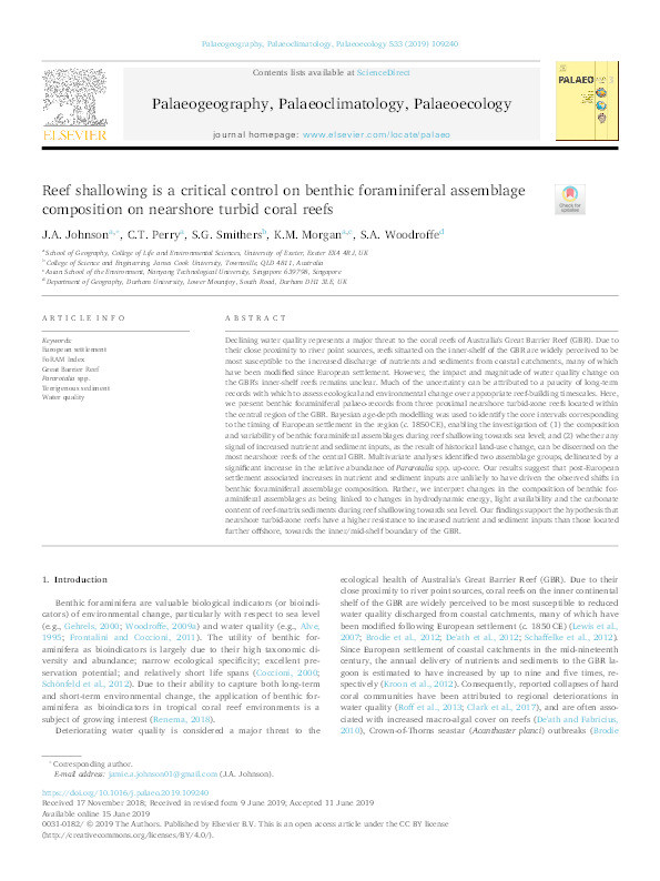 Reef shallowing is a critical control on benthic foraminiferal assemblage composition on nearshore turbid coral reefs Thumbnail