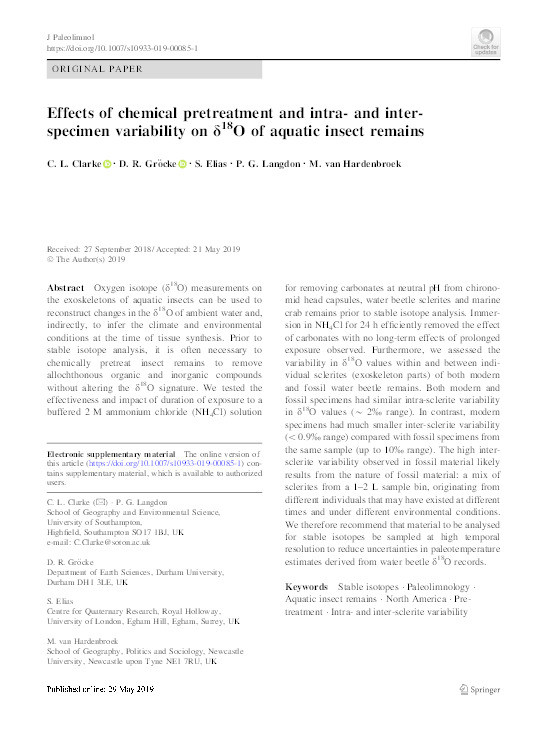 Effects of chemical pretreatment and intra- and inter-specimen variability on δ18O of aquatic insect remains Thumbnail