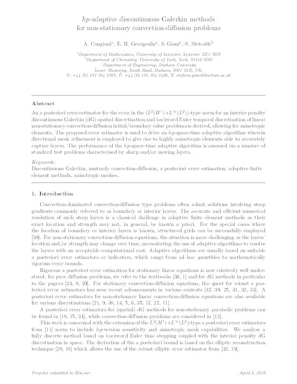 hp-adaptive discontinuous Galerkin methods for non-stationary convection-diffusion problems Thumbnail