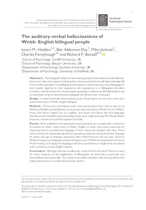 The auditory‐verbal hallucinations of Welsh–English bilingual people Thumbnail