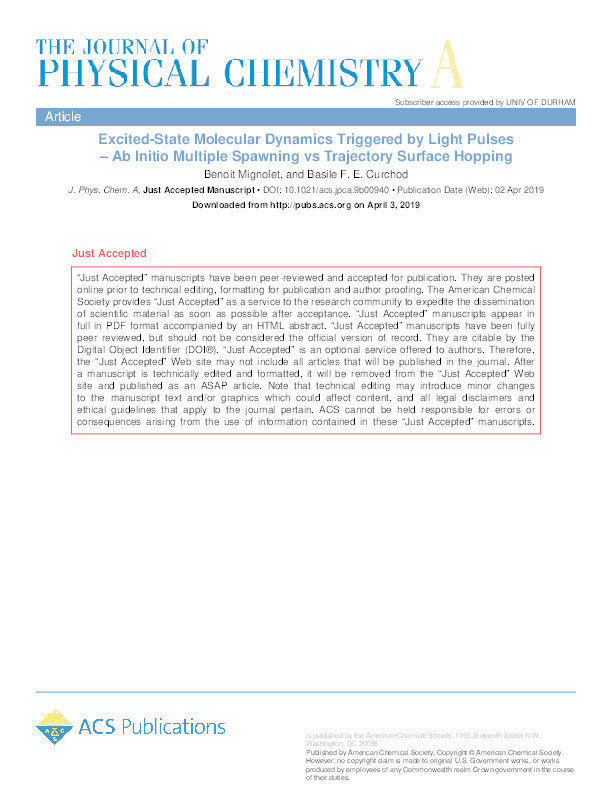 Excited-State Molecular Dynamics Triggered by Light Pulses – Ab Initio Multiple Spawning vs Trajectory Surface Hopping Thumbnail