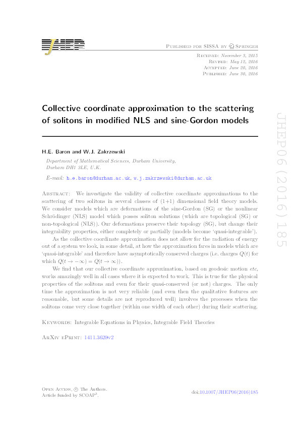 Collective coordinate approximation to the scattering of solitons in modified NLS and sine-Gordon models Thumbnail