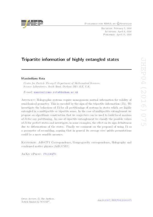 Tripartite information of highly entangled states Thumbnail