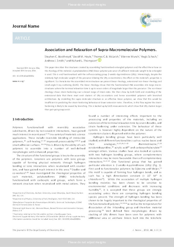 Association and Relaxation of Supra-Macromolecular Polymers Thumbnail