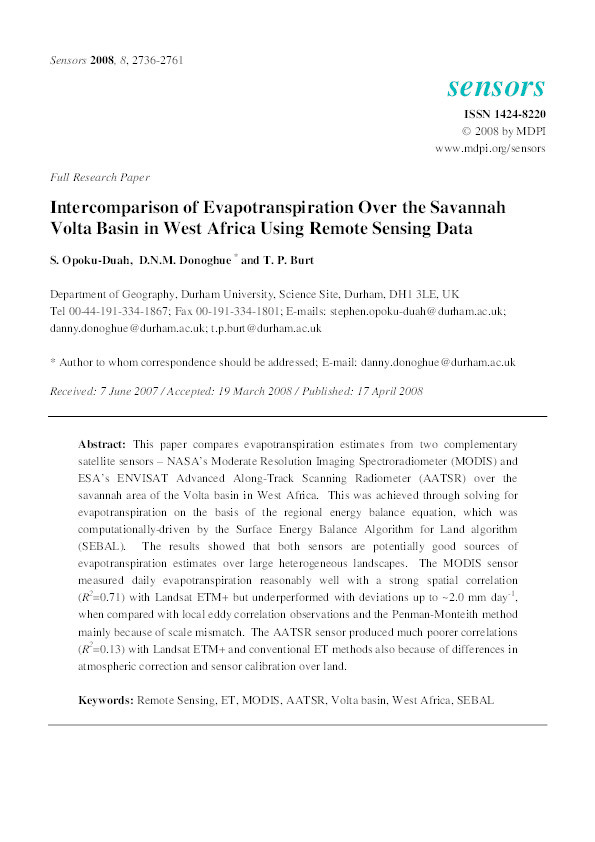 Intercomparison of Evapotranspiration Over the Savannah Volta Basin in West Africa Using Remote Sensing Data Thumbnail