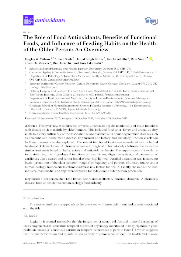 The Role of Food Antioxidants, Benefits of Functional Foods, and Influence of Feeding Habits on the Health of the Older Person: An Overview Thumbnail