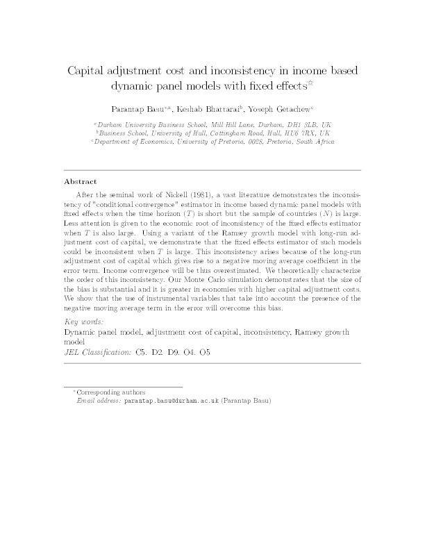 Capital adjustment cost and inconsistency in income based dynamic panel models with fixed effects Thumbnail