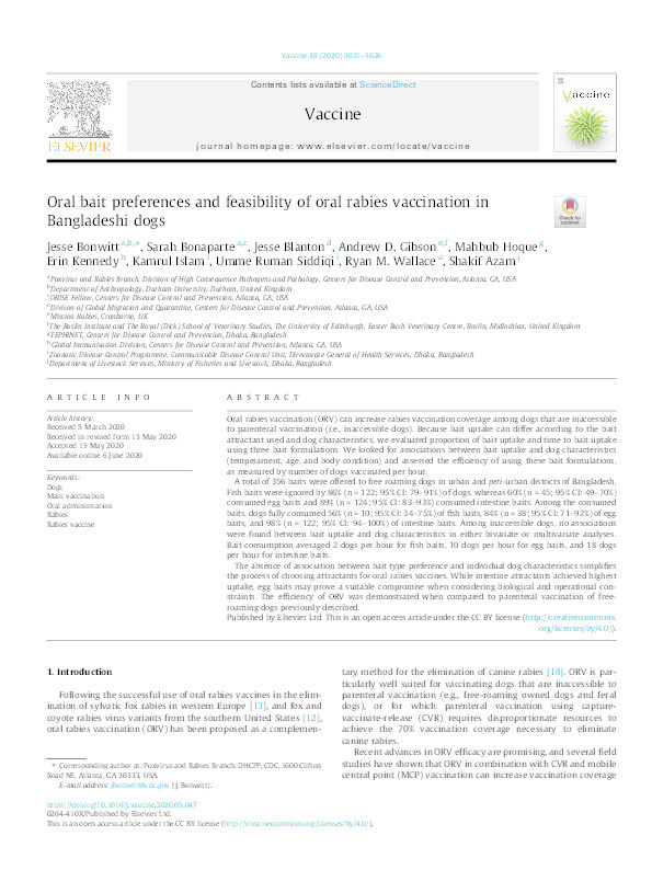 Oral bait preferences and feasibility of oral rabies vaccination in Bangladeshi dogs Thumbnail