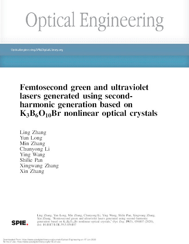 Femtosecond green and ultraviolet lasers generated using second-harmonic generation based on K3B6O10Br nonlinear optical crystals Thumbnail