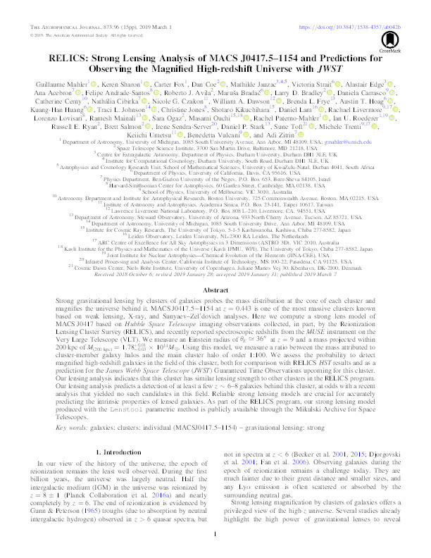 RELICS: Strong Lensing Analysis of MACS J0417.5–1154 and Predictions for Observing the Magnified High-redshift Universe with JWST Thumbnail