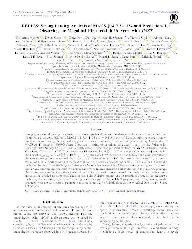 RELICS: Strong Lensing Analysis of MACS J0417.5–1154 and Predictions for Observing the Magnified High-redshift Universe with JWST Thumbnail