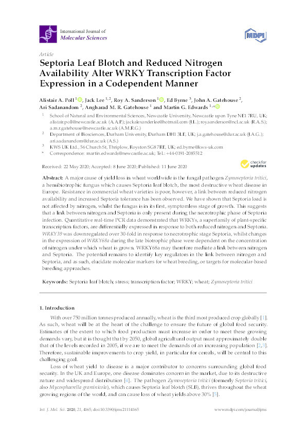 Septoria Leaf Blotch and Reduced Nitrogen Availability Alter WRKY Transcription Factor Expression in a Codependent Manner Thumbnail