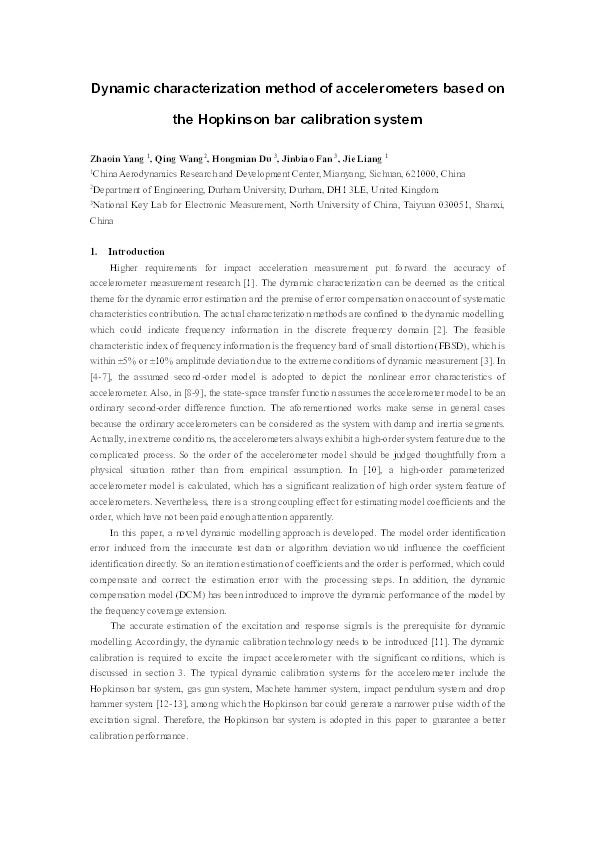 Dynamic characterization method of accelerometers based on the Hopkinson bar calibration system Thumbnail