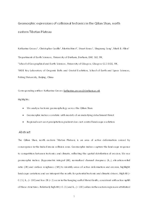 Geomorphic expressions of collisional tectonics in the Qilian Shan, north eastern Tibetan Plateau Thumbnail