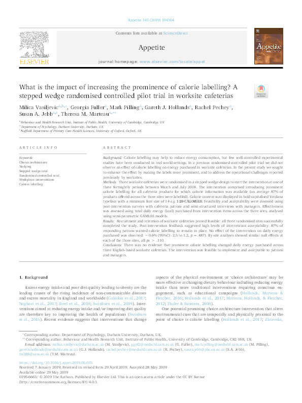 What is the impact of increasing the prominence of calorie labelling? A stepped wedge randomised controlled pilot trial in worksite cafeterias Thumbnail