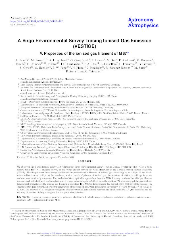 A Virgo Environmental Survey Tracing Ionised Gas Emission (VESTIGE): V. properties of the ionised gas filament of M 87 Thumbnail