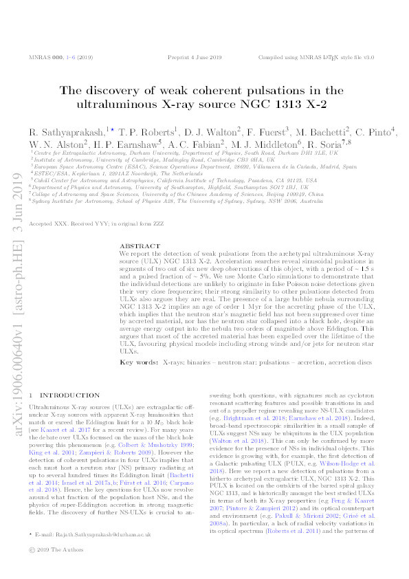 The discovery of weak coherent pulsations in the ultraluminous X-ray source NGC 1313 X-2 Thumbnail