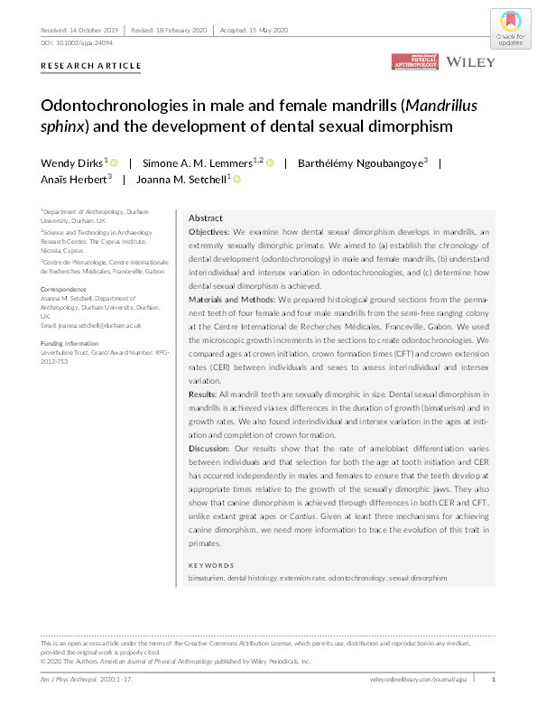 Odontochronologies in male and female mandrills (Mandrillus sphinx) and the development of dental sexual dimorphism Thumbnail