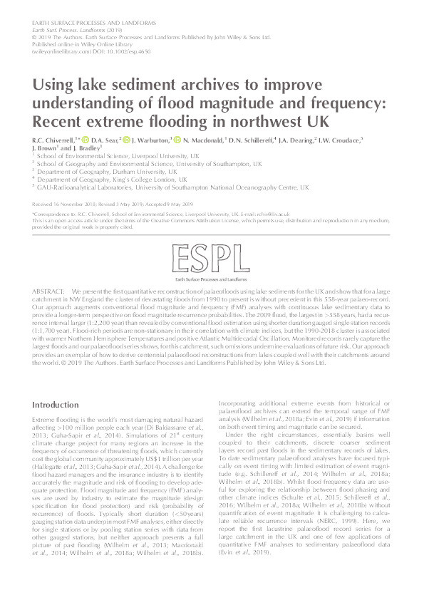 Using lake sediment archives to improve understanding of flood magnitude and frequency: recent extreme flooding in northwest UK Thumbnail