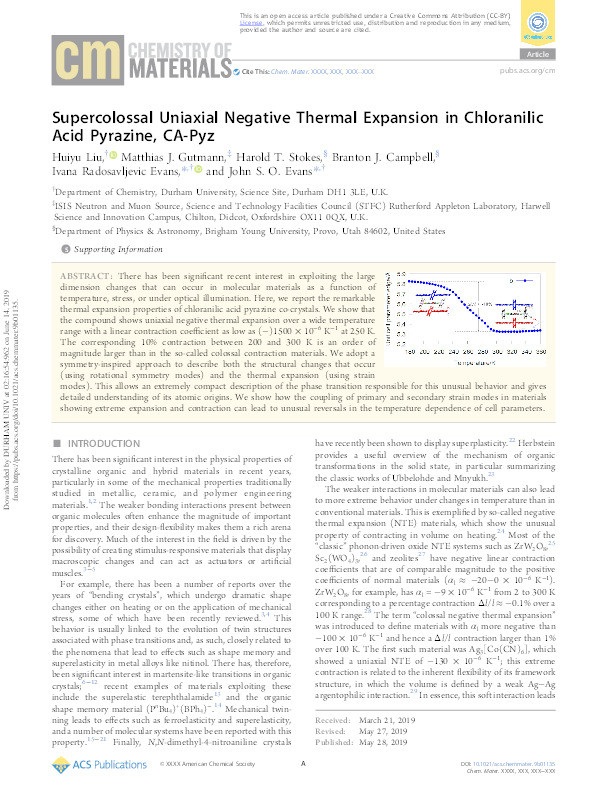 Super-colossal uniaxial negative thermal expansion in chloranilic acid pyrazine, CA-Pyz Thumbnail