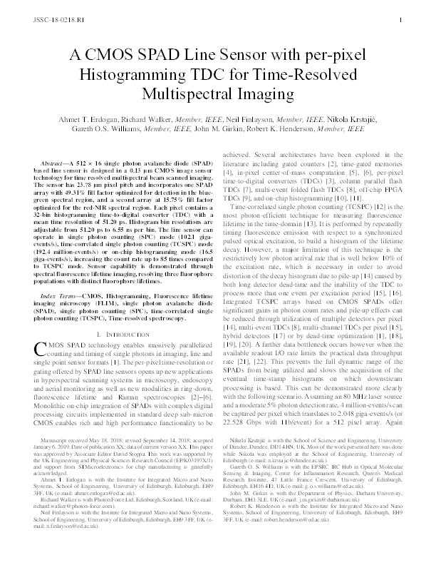 A CMOS SPAD Line Sensor With Per-Pixel Histogramming TDC for Time-Resolved Multispectral Imaging Thumbnail