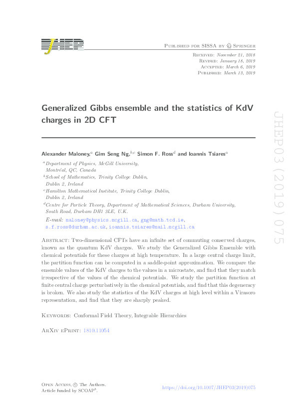 Generalized Gibbs ensemble and the statistics of KdV charges in 2D CFT Thumbnail