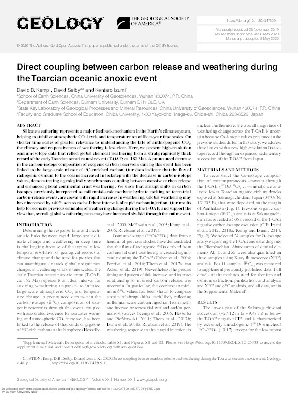 Direct coupling between carbon release and weathering during the Toarcian oceanic anoxic event Thumbnail