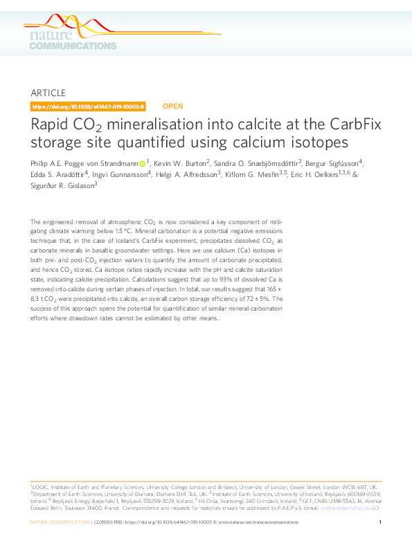 Rapid CO2 mineralisation into calcite at the CarbFix storage site quantified using calcium isotopes Thumbnail