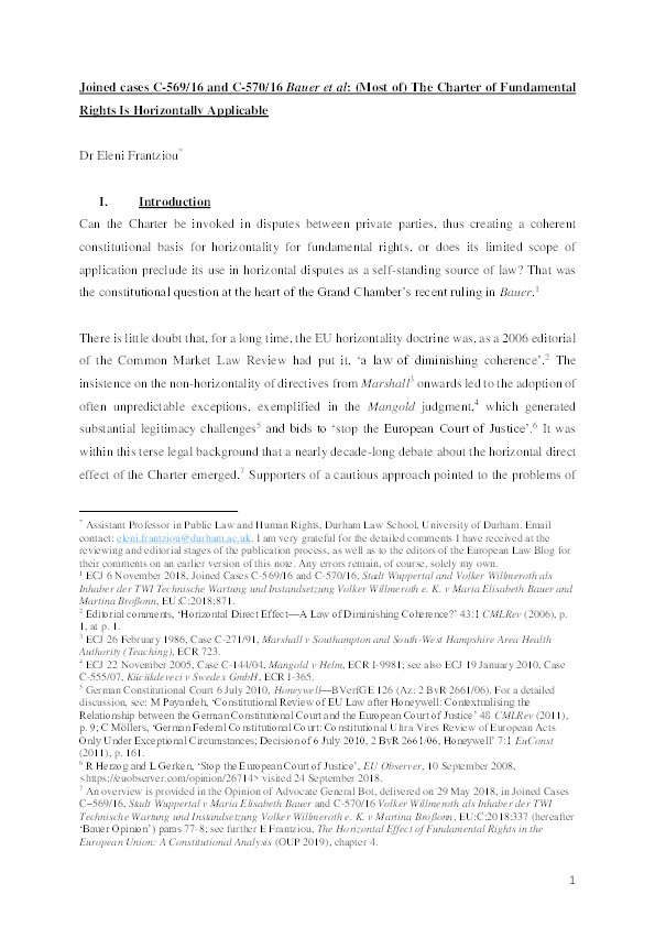 (Most of) the Charter of Fundamental Rights is Horizontally Applicable: ECJ 6 November 2018, Joined Cases C-569/16 and C-570/16, Bauer et al Thumbnail